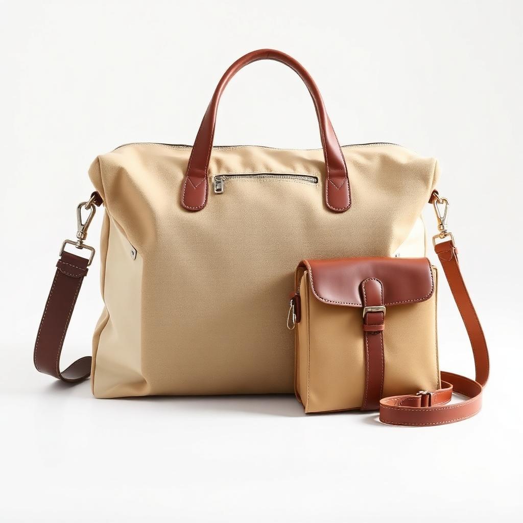 Beige canvas weekender travel bag with a small crossbody bag