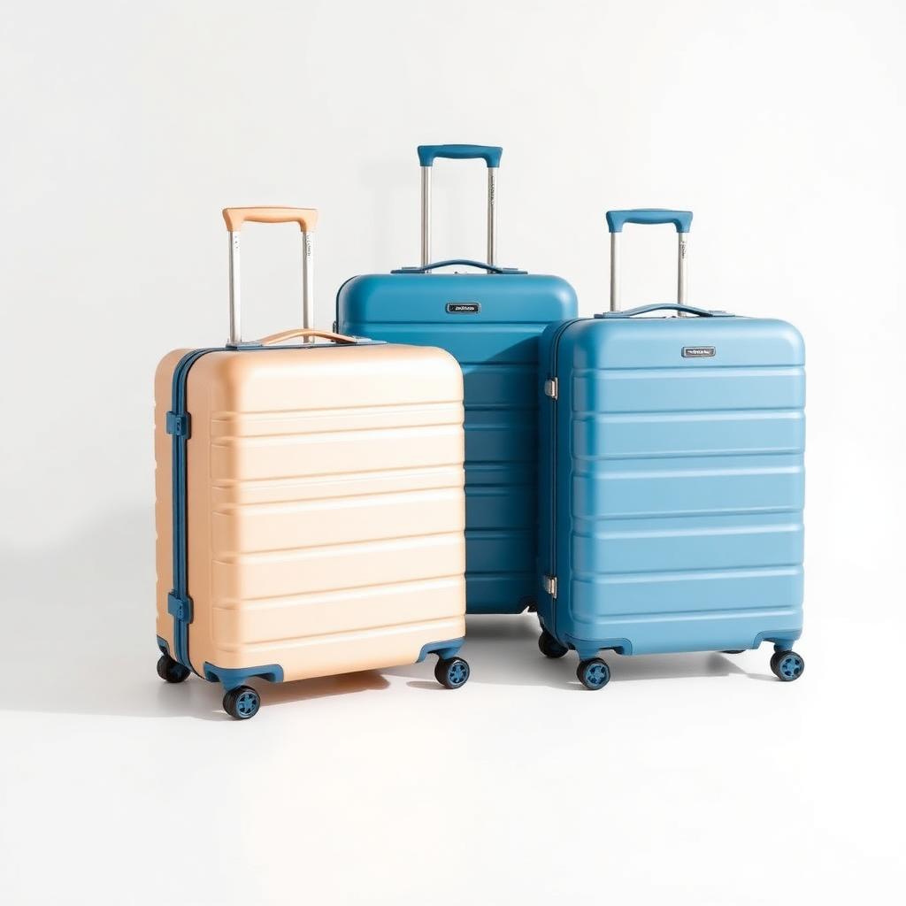 Matching set of three travel suitcases in champagne and ocean blue