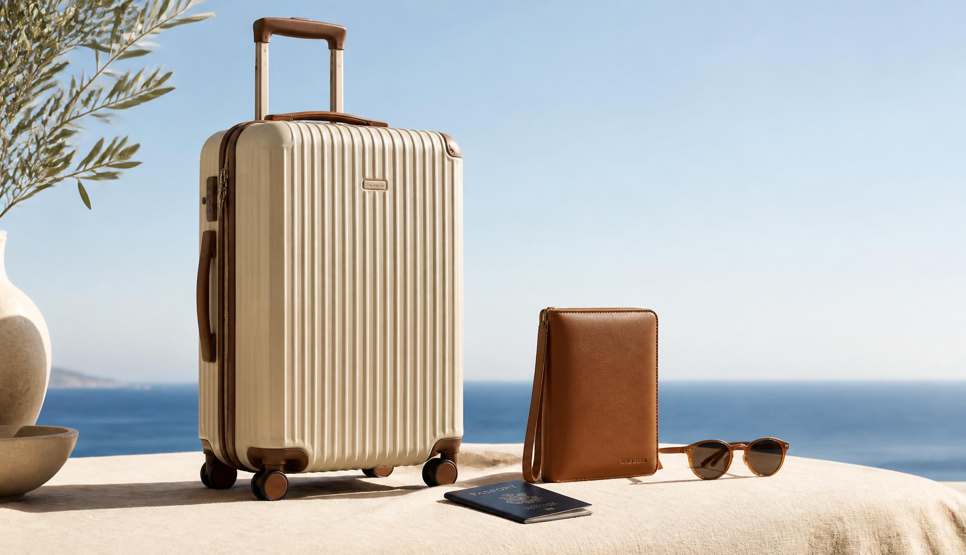 Beige cabin suitcase, leather travel wallet and sunglasses on a sand-coloured surface by the sea